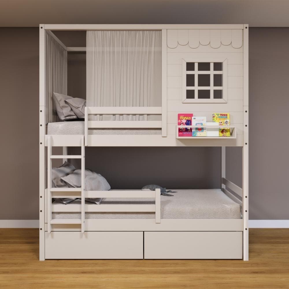 Beliche Casinha Reta 2 Gavetas Grade Cortina Branco