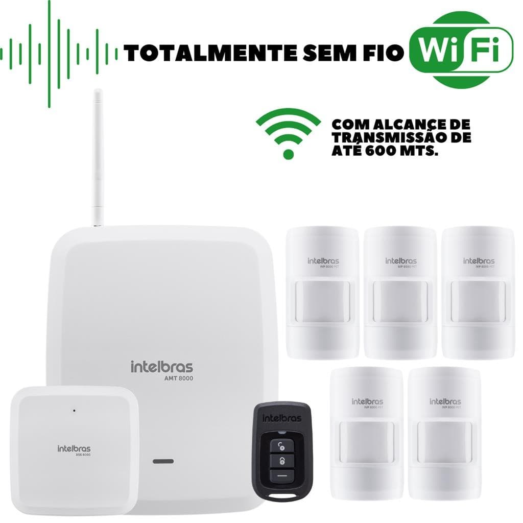 Kit Alarme Intelbras AMT 8000 | 5 Sensores de Presença PET + Sirene + Controle + App no Celular
