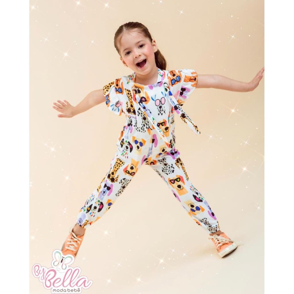 MACACÃO INFANTIL EM MALHA CANELADA ESTAMPA COLORIDA BEBÊ MENINA BIG CALÇA