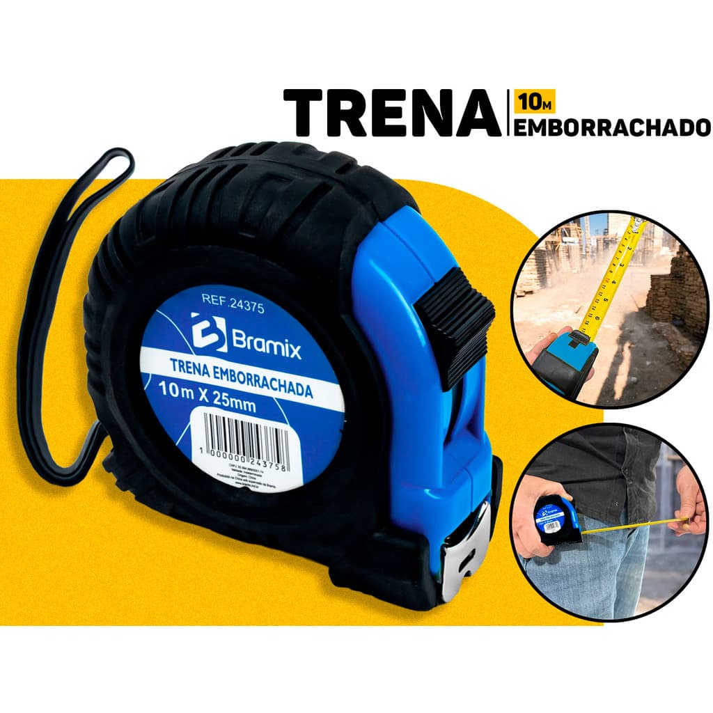 Trena Métrica Emborrachada 10m x 25mm Bramix Profissional Resistente P/ Medição De Obras Construção De Longa Distância