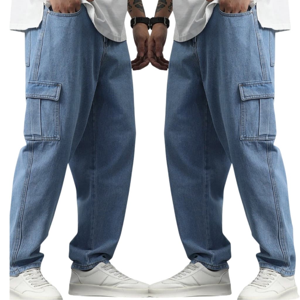 CALÇA CARGO JEANS E SARJA MASCULINA LARGA, CASUAL, SKATE COM 6 BOLSOS E FECHAMENTO CORDÃO MODA UNISSEX