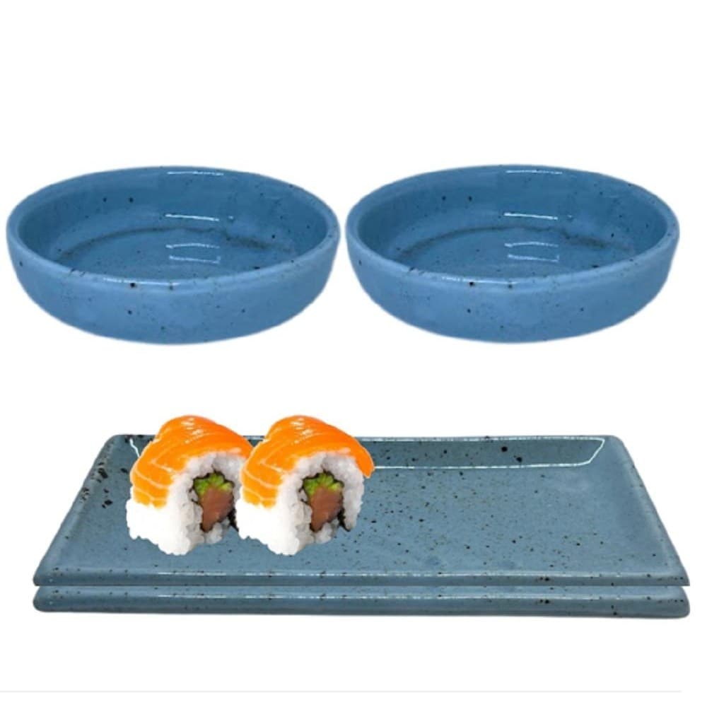Kit Jantar 2 Travessas e 2 Molheiras Porcelana Azul Mesclado Oriental