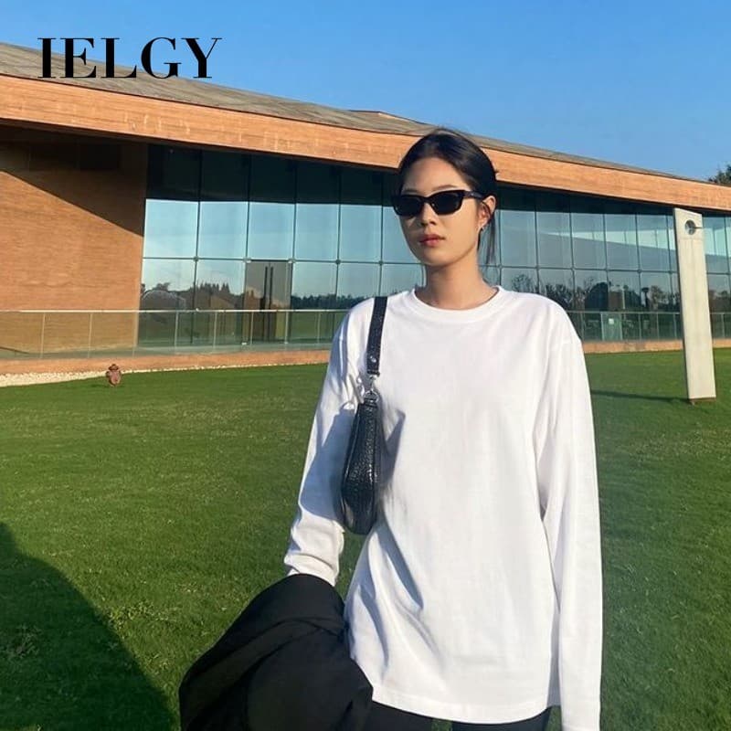 IELGY Camiseta Feminina De Manga Comprida De Cor Sólida Com Ombro Solto