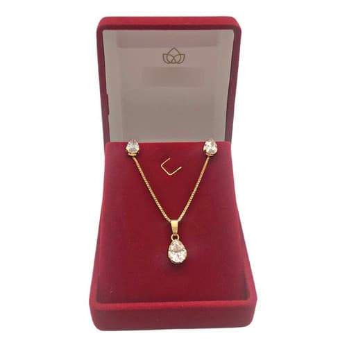 Colar Gargantilha Folheado a Ouro Veneza 40cm com Brinco Solitário Pedra