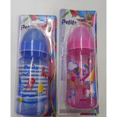 1 Mamadeira Super 270ml Petita, com tampa, bico de silicone, menino e menina, rosa e azul. Bebê.