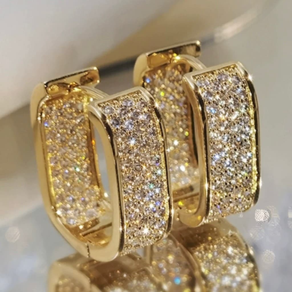 Brincos Feminino Argola quadrada cravejada Dentro e Fora pedra de zirconia folheado a ouro 18k e prata 925