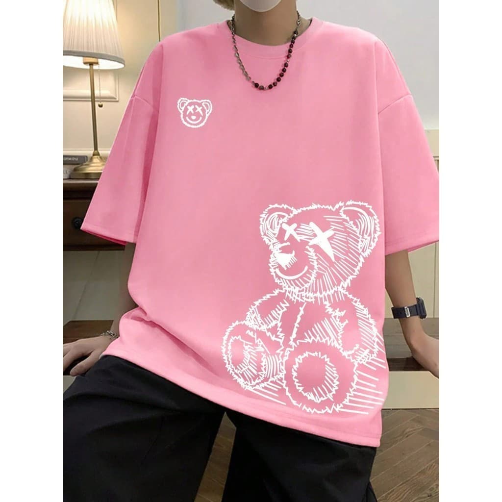 Camiseta Básica Masculina Hypemode  Masculina De Ombros Caídos Padrão De Urso Dos Desenhos Animados