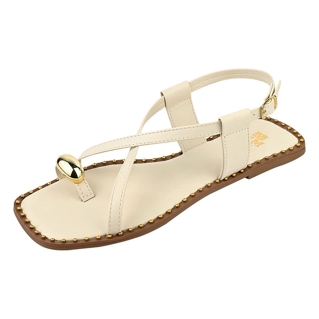 Sandália Feminina Rasteira Flat Bico Quadrado Elegante Tira Dedo com Enfeite Metalizado Confortável
