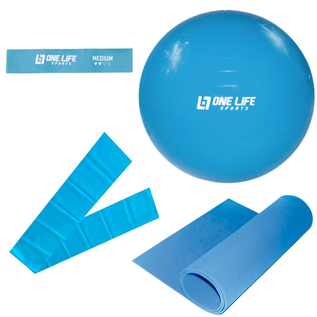 Kit Pilates Tapete 1,20mt + Faixa Elástica Média  + Mini Band Média + Bola Suiça 55