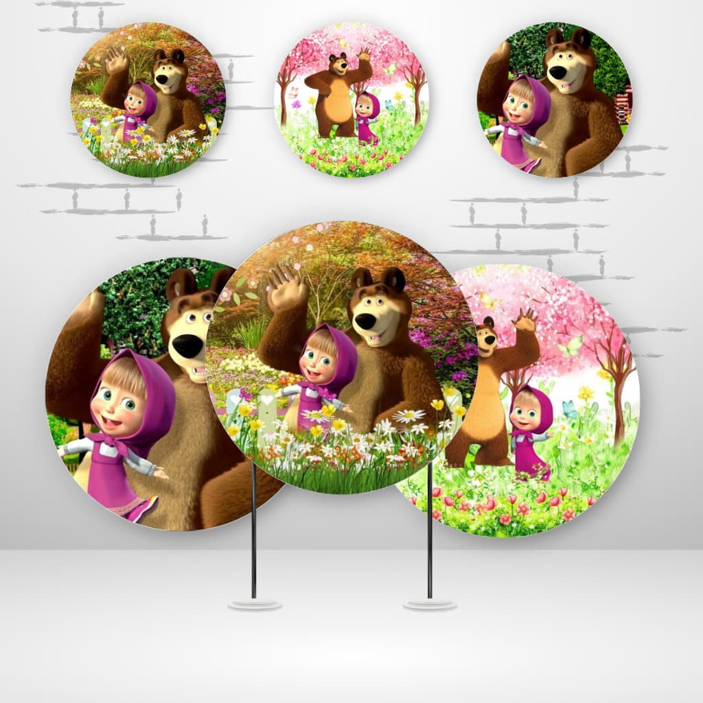 Painel Redondo Tecido Sublimado Estampado De Masha e o Urso 1,50x1,50m Com Elástico Para Festa De Aniversário Decoração