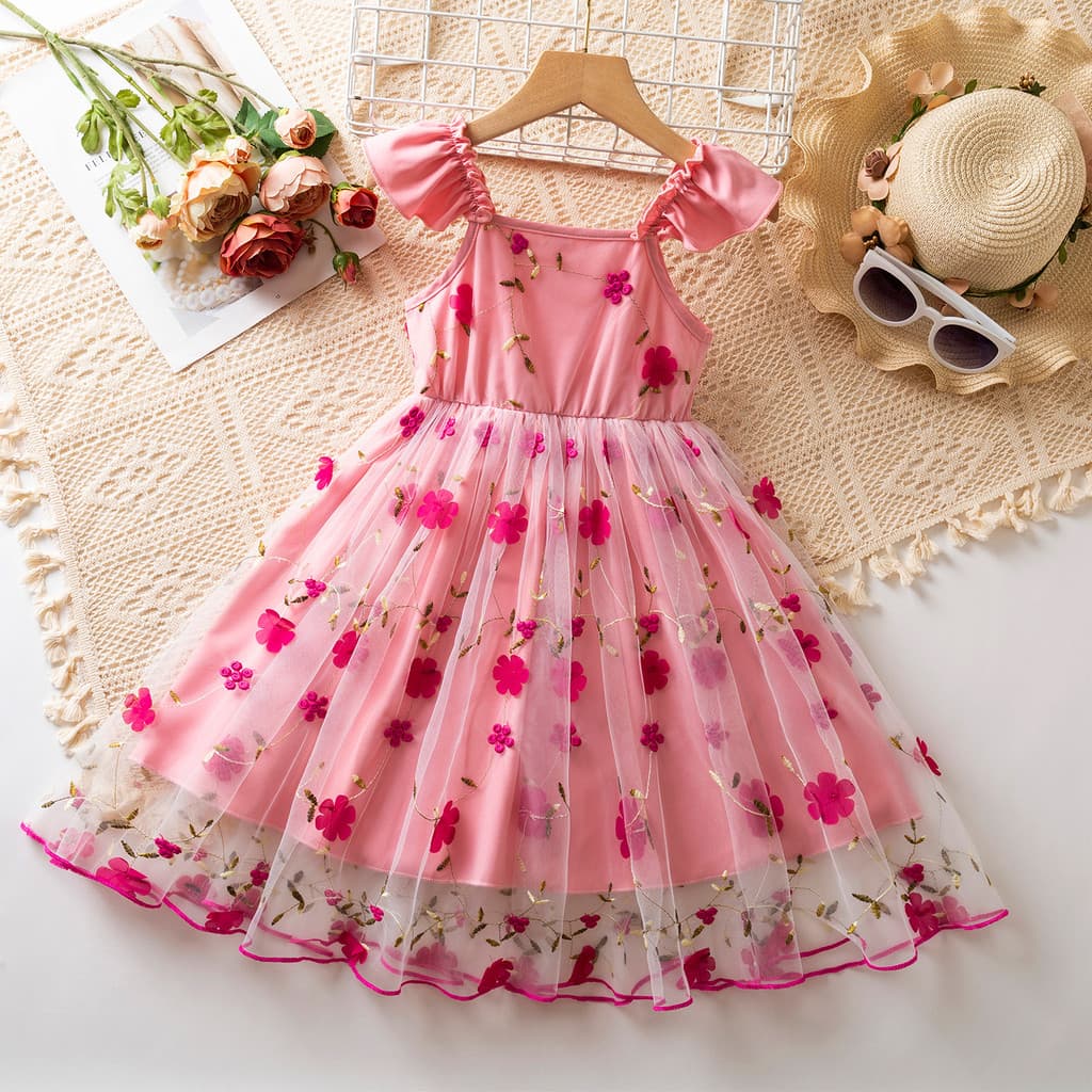 Vestidos Infantis Para Meninas , Vestido Doce De Verão De 3 A 8 Anos , Flores , Bordado , Tule De Princesa