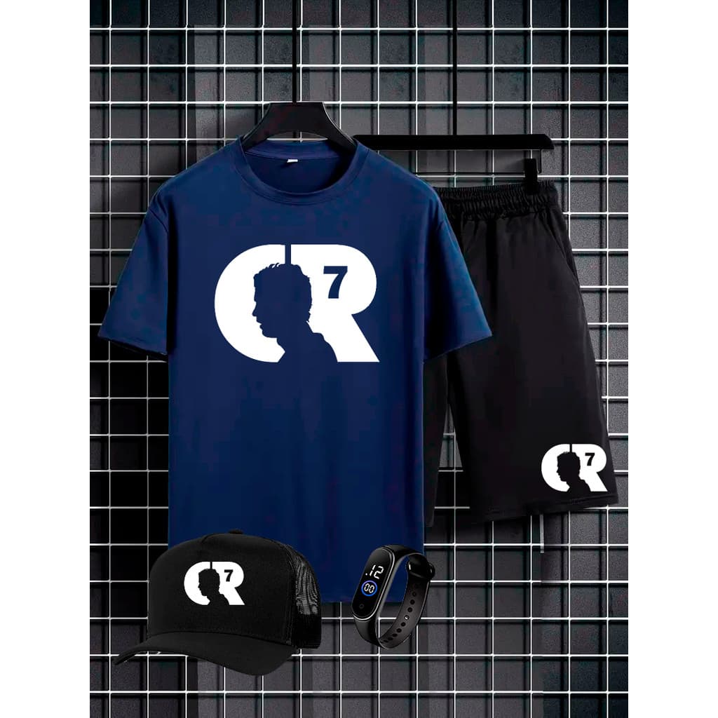 Camiseta e Bermuda de Moletom cr7 com Boné e Relógio