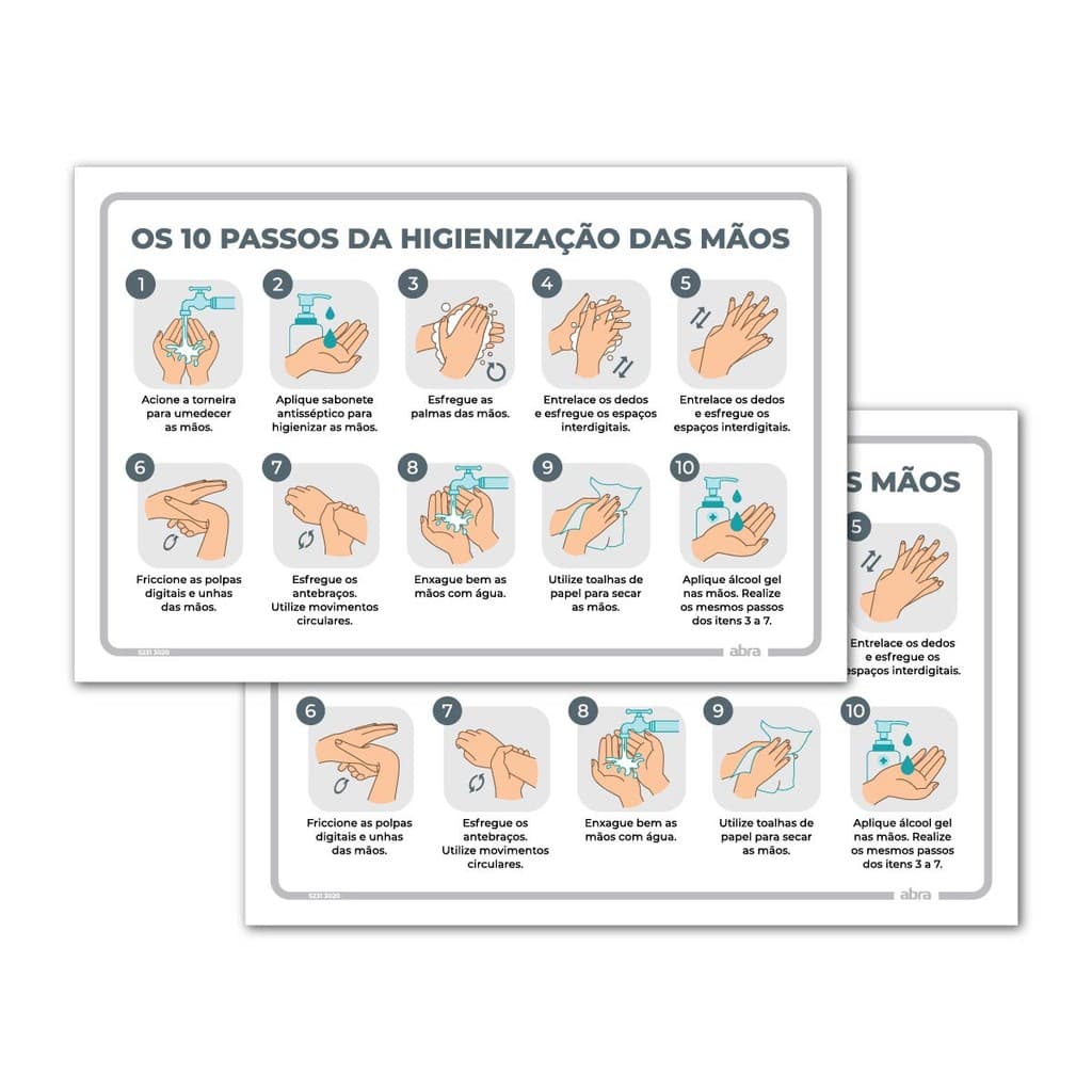 Kit 2 Placas 10 Passos Higienização das Mãos Banheiro 30x20