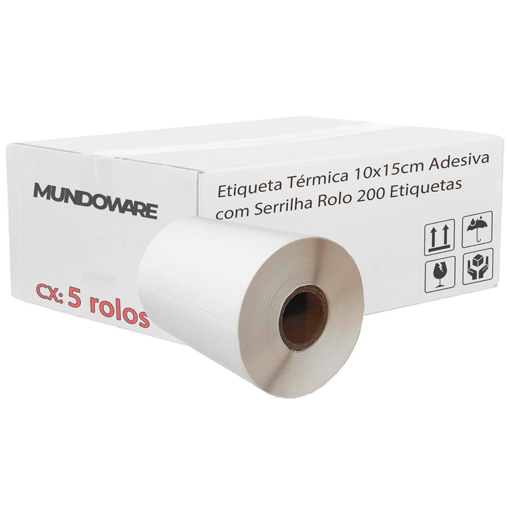Etiqueta Térmica 10x15 Adesiva Sem Ribbon com Serrilha 5 Rolos 200 Etiquetas cada (1000) Masterprint