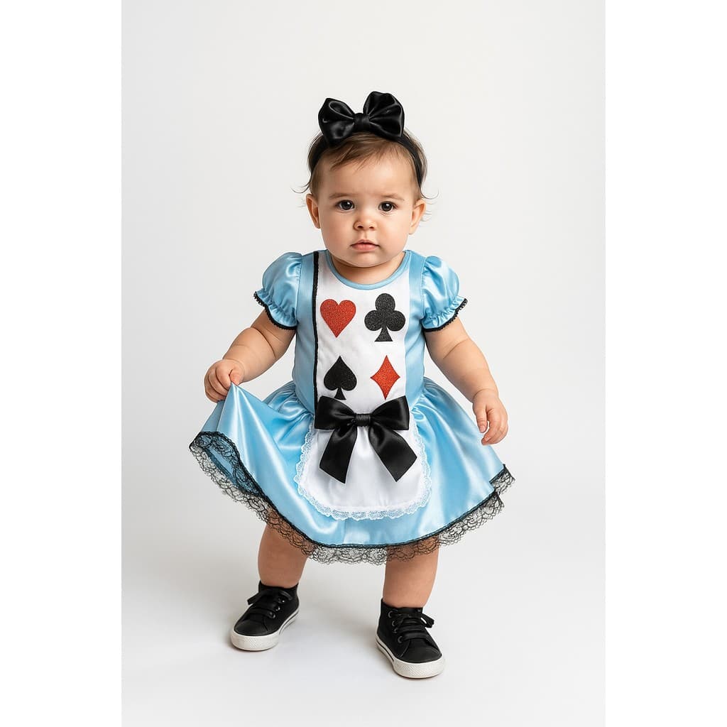 Fantasia Alice Bebê Princesa País das Maravilhas Romper Azul Laço Confortável Festa Luxo Infantil Com Acessorio