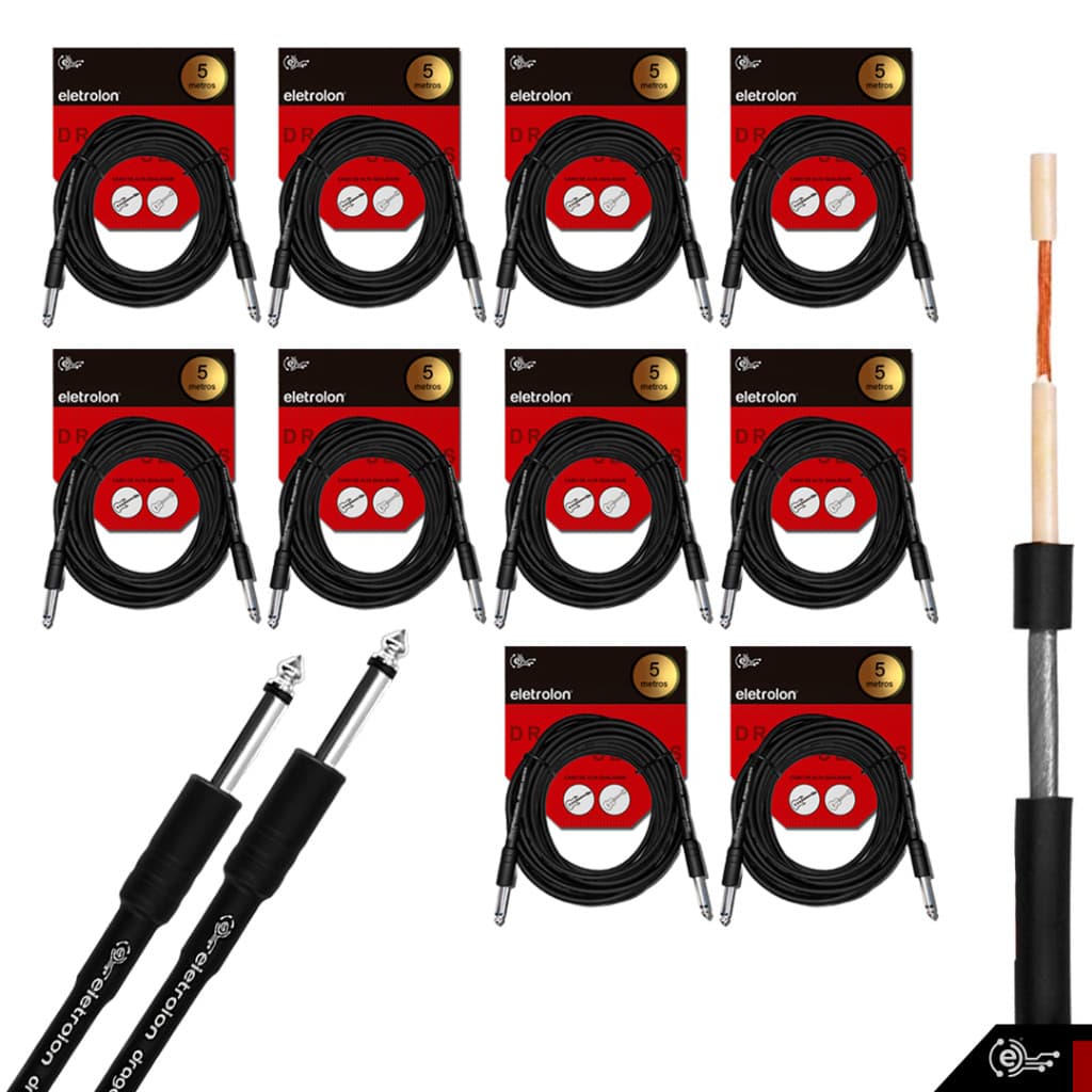 Kit 10 Cabo P10 P10 Mono P/ Violão Guitarra Baixo 5m Metros