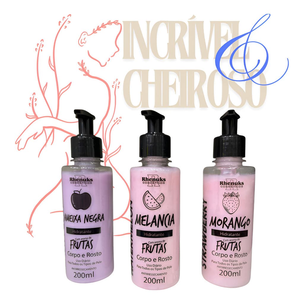 Kit 3 Cremes Hidratantes Ameixa Melancia Morango Pele com +Brilho e perfume que dura o dia todo