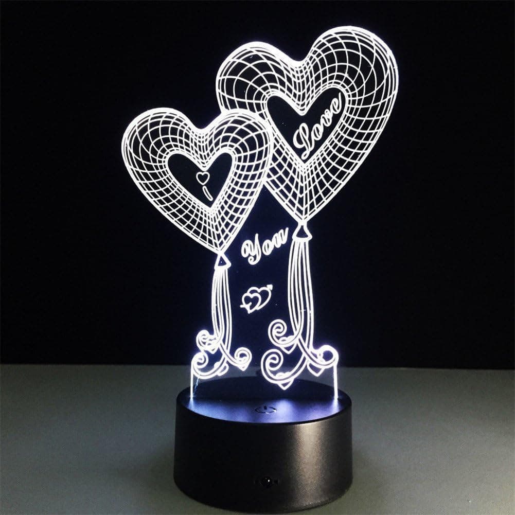 Luminária de Mesa 3D Criativa com Balão de Coração Duplo: Presente Decorativo Noturno para Meninos e Meninas - Luminária de Mesa de Cabeceira