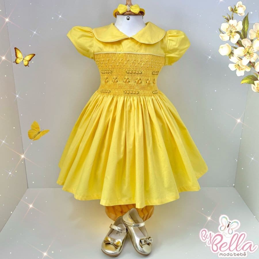 VESTIDO INFANTIL PONTO SMOK BORDADO FESTA MENINA CHARLOTE AMARELO