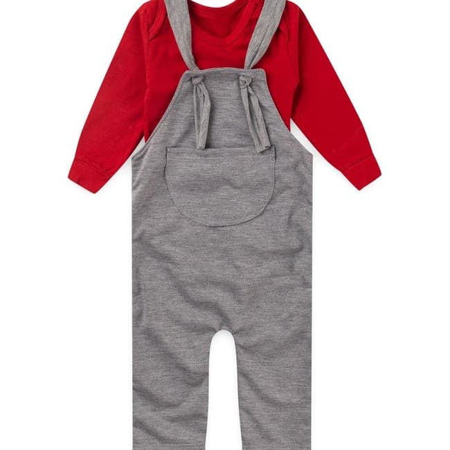 Kit Bebê Jardineira e Body Mescla e Vermelho