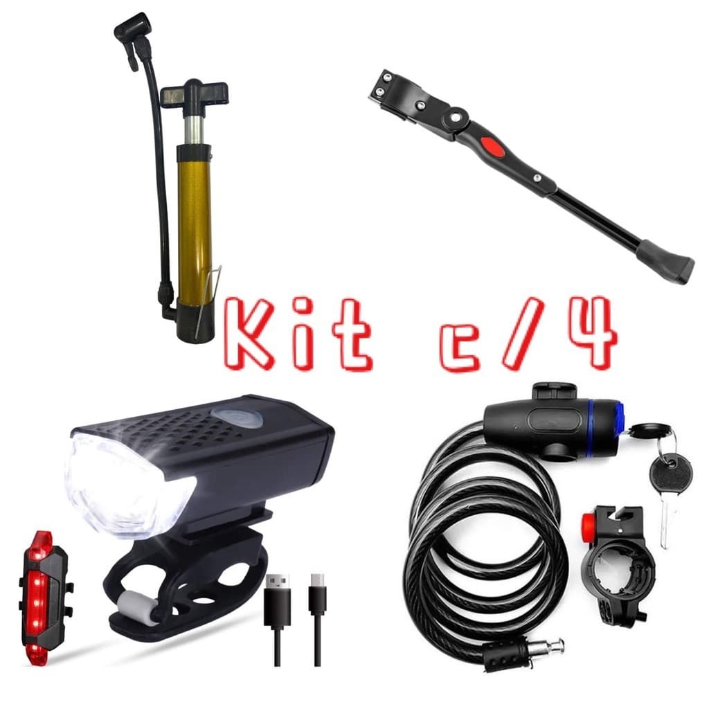 Trava Cabo De Aço + Descanso Pezinho Para Bike+ Kit Lanterna e Farol Bicicleta + Bomba de Ar Para Bicicleta BUSCABUSCABR