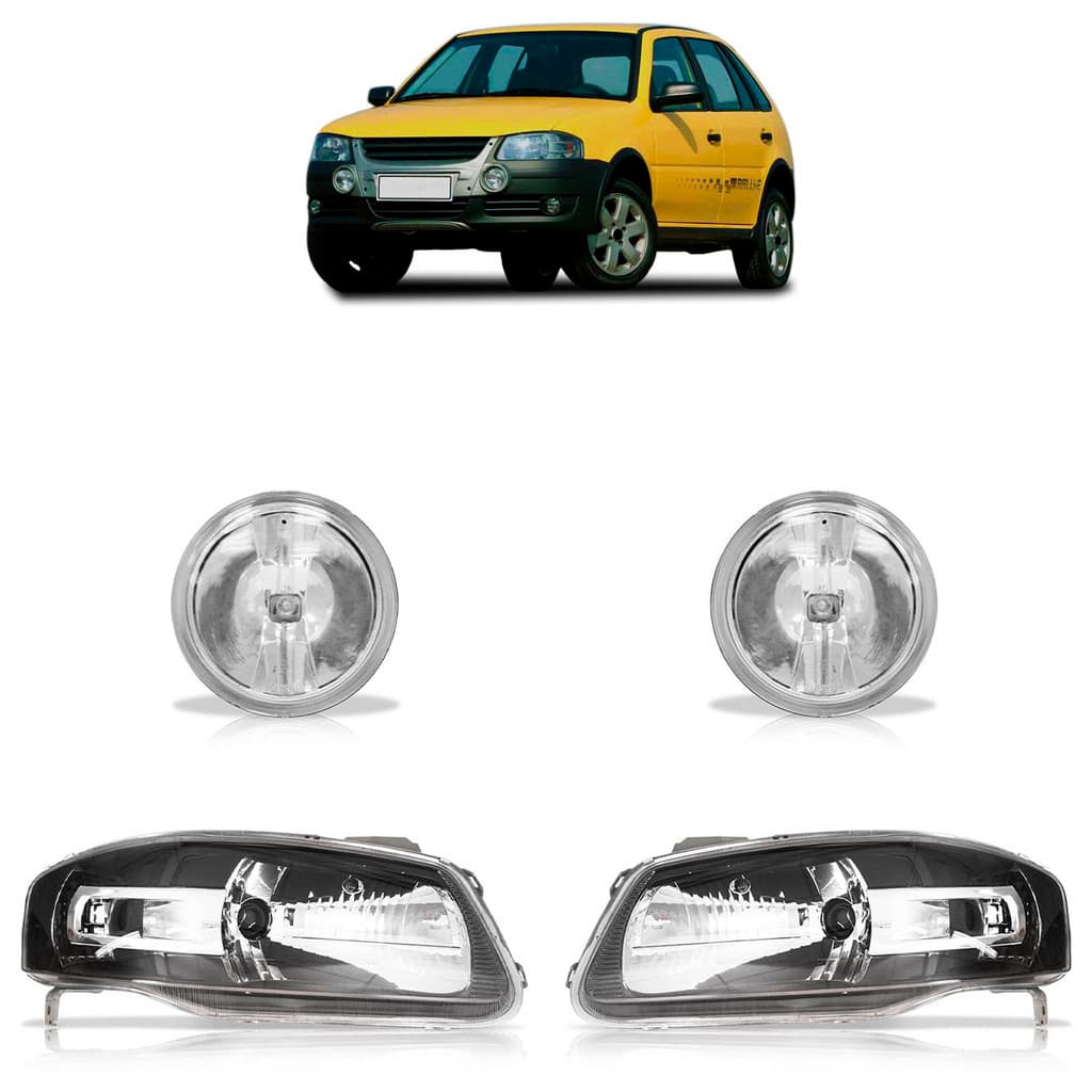 Kit Farol Gol Rallye G4 2006 A 2010 Máscara Negra Friso Cromado + Par Farol de Milha Superior