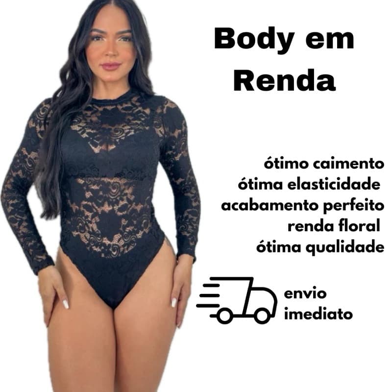 Body em Renda Floral Manga Longa Moda Feminina