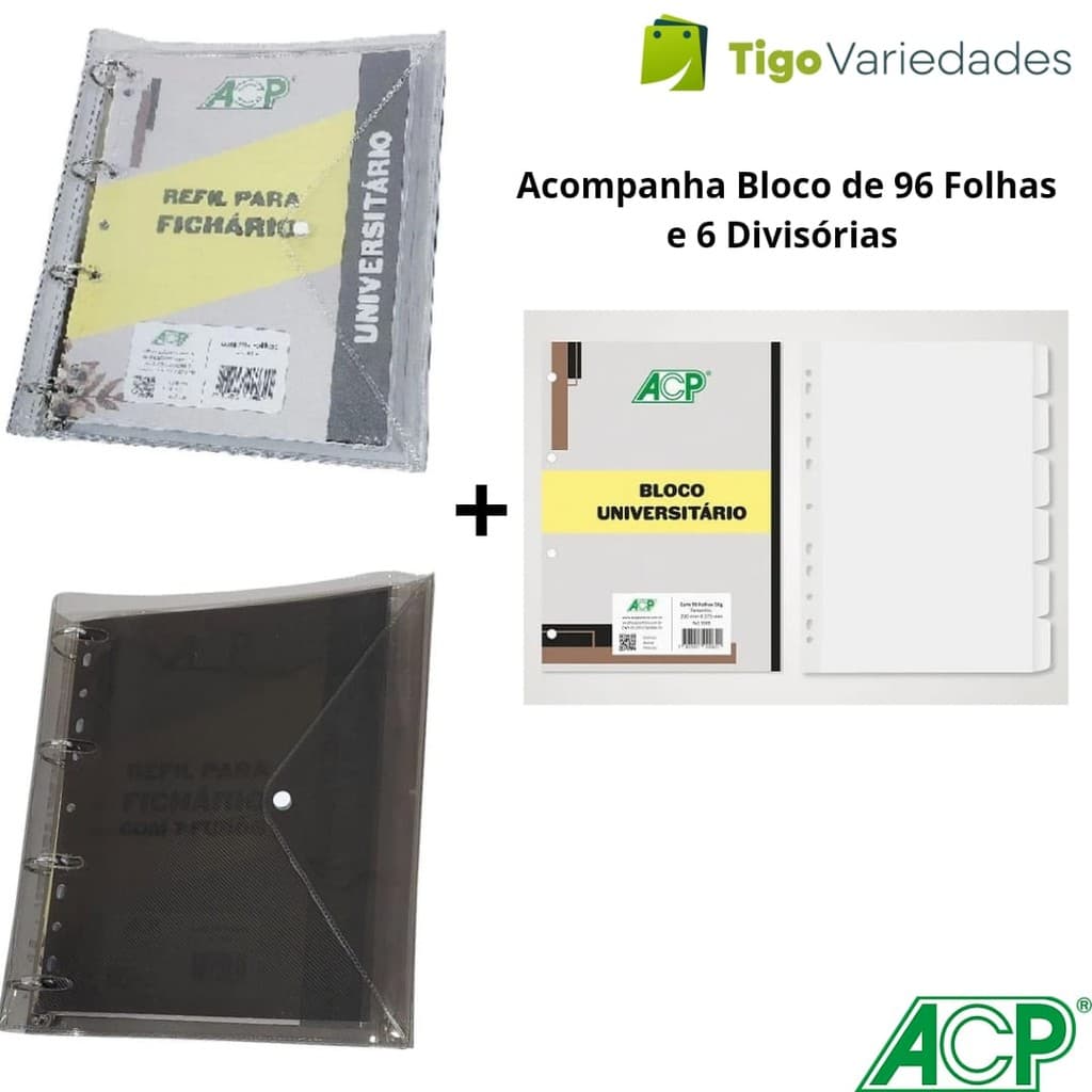 Caderno fichário Argolado PVC Cristal e Fumê com bloco de folhas e divisórias ACP