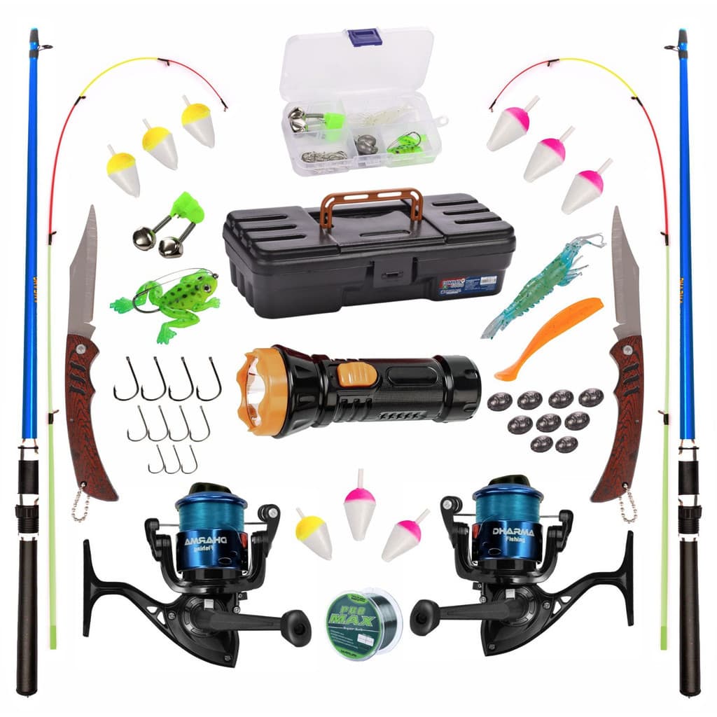 18 KIT DE PESCA COMPLETO 10KG C/ 2 VARAS FLEXIVEIS + 2 MOLINETES + LANTERNA + ITENS