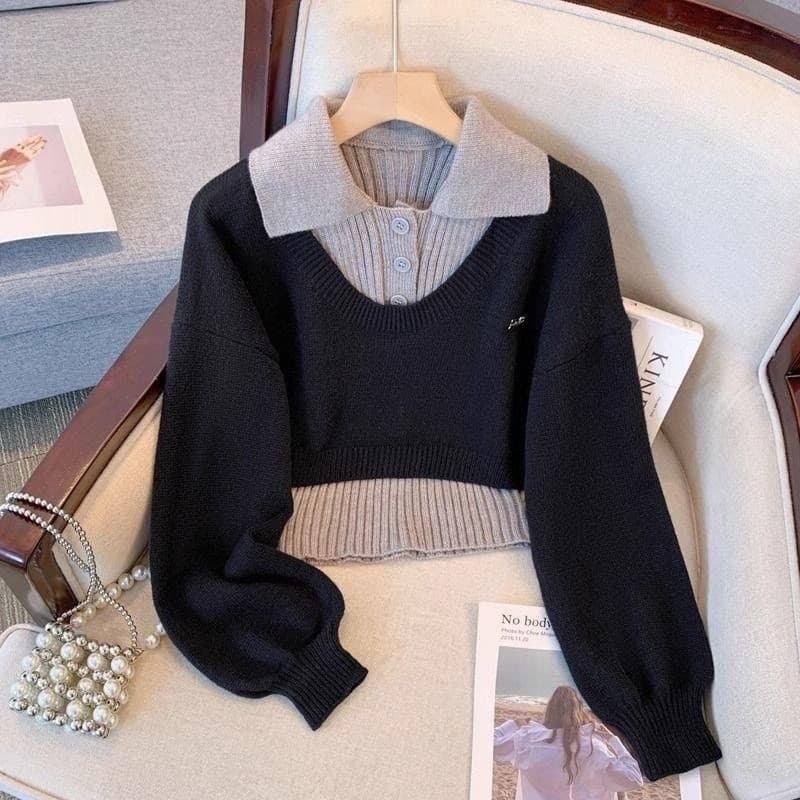 2024 Suéter Curto Preppy Outono Inverno Terno de Duas Peças Malhas Top