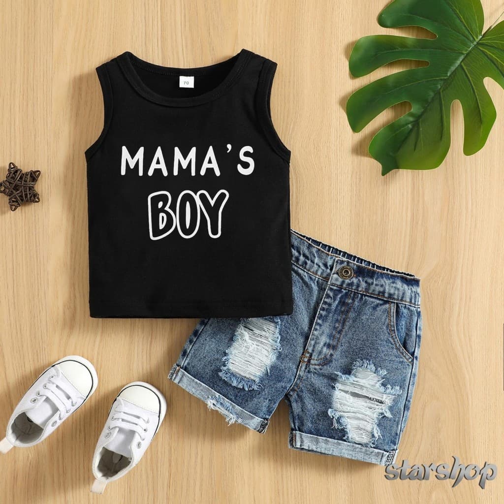 Starshop-Conjunto De Shorts Para Bebês Meninos Com Estampa De Letras Regata Jeans Rasgados Roupa De Verão