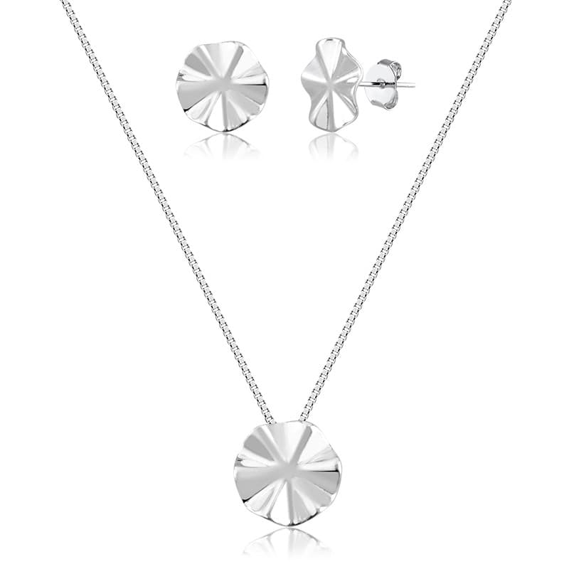 Conjunto Banho de Prata Brinco e Colar Veneziano com Chapinha Círculo Ondulado (45cm-1,3cm-1,3cm)