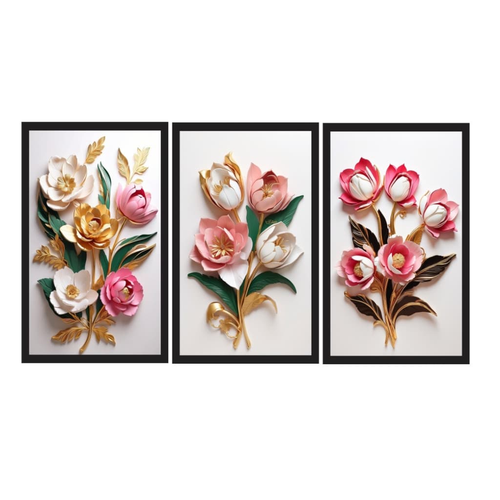 Quadros Decorativos Flores Tulipas Brancas rosas  Gold com fundo branco borda preto