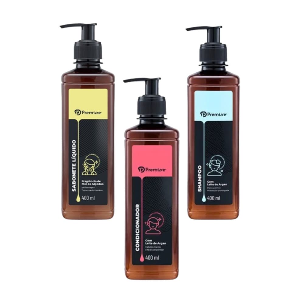 Kit Banho Shampoo Condicionador Sabonete 400ml Cabelo Rosto Mão Corpo Hotelaria Salão Residencial
