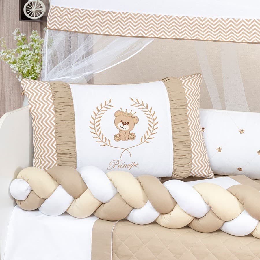 Kit Berco Teddy Tranca 11 Pcs Menino Urso Principe Bege Bebe Chevron Protetor Americano Mosquiteiro
