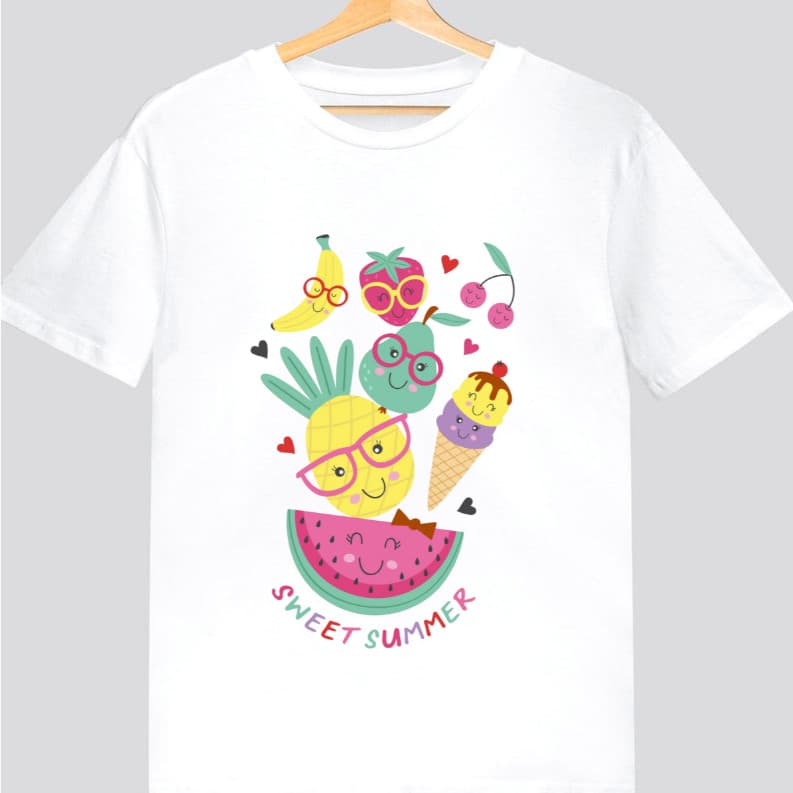 Camisa T-shirt Linda Camiseta Frutas Verão Amo Frutas Blusa Poliester