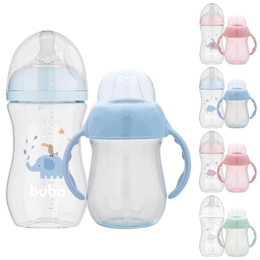 Kit Mamadeira Buba Easy Flow Anticólica 270ml e Copo de Treinamento com Alça Bico Silicone Buba 160ml