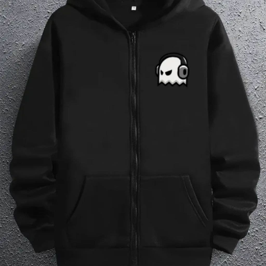 Casaco Moletom Com Ziper Fantasminha Fone Minimalista Algodão Forrado Inverno Confortavel Casual