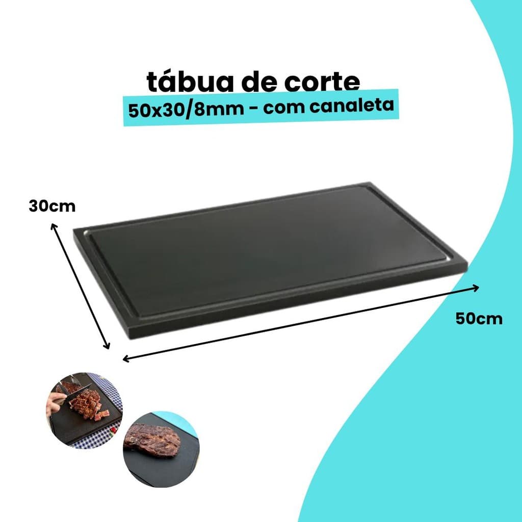 Tabua Preta De Corte Com Canaleta 50x30 8MM Antibacteriana Pólietileno Carnes Legumes