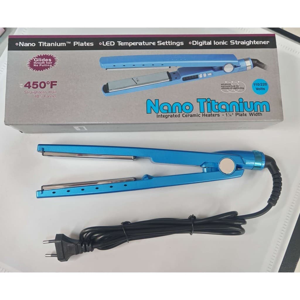 Prancha Chapinha de Cabelo Cerâmica Profissional Nano Titanium 450 Graus Bivolt 110V/220 Volts Azul