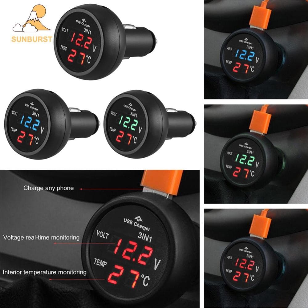 [Sunburst1 . br] 12/24V Carro Auto LED Voltímetro Digital Medidor De Carregamento + Termômetro + Carregador USB Para Tel