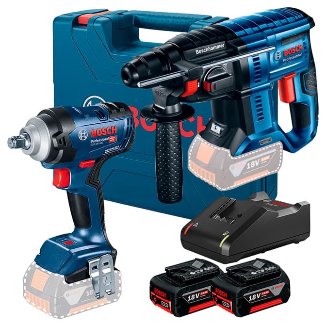 Kit Chave de Impacto 1/2" GDS 18V-400 + Martelete Rotativo Rompedor GBH 180-LI + 2 Bateria 4Ah + Carregador Rápido Bosch