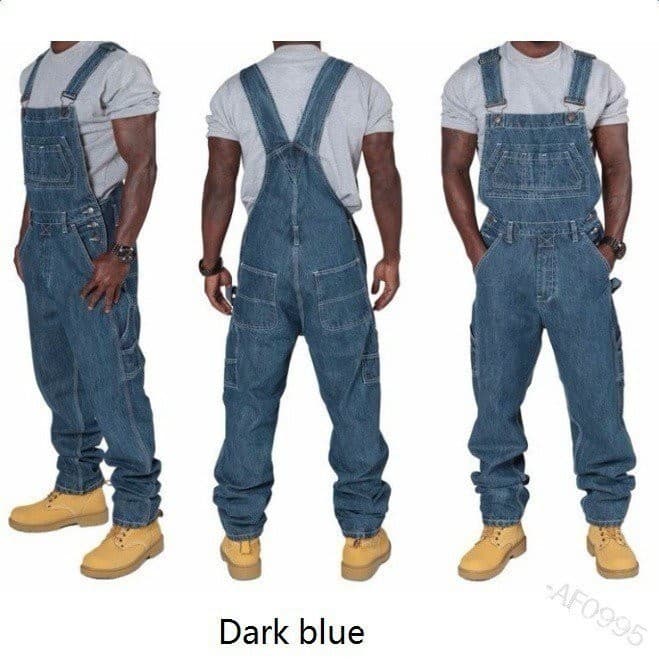 Calça jeans com suspensórios multi-bolso sólida para homens