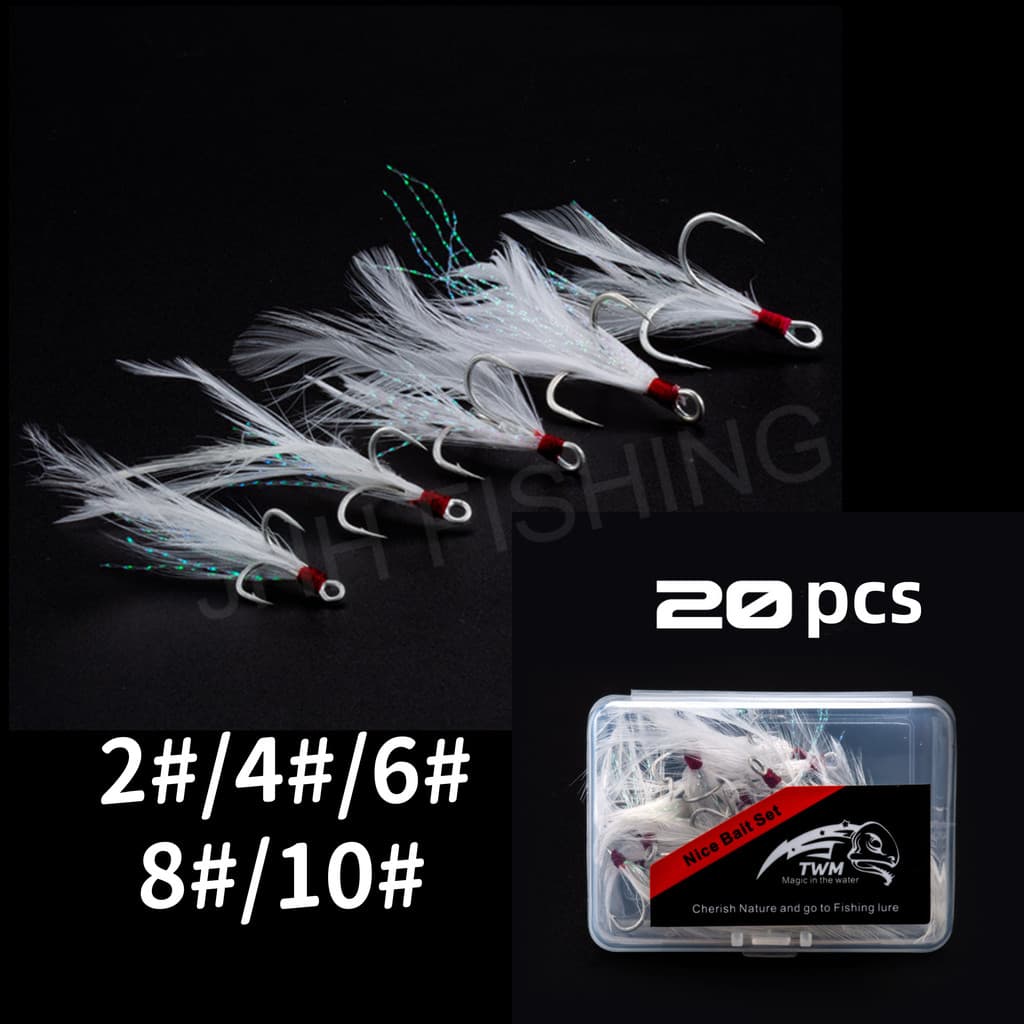 【 20pcs/box 】 Treble Anzóis De Pesca Com Penas De Aço De Alto Carbono 2 # 4 6 8 10 Bent Conjunto De Triplos Para A Marítima