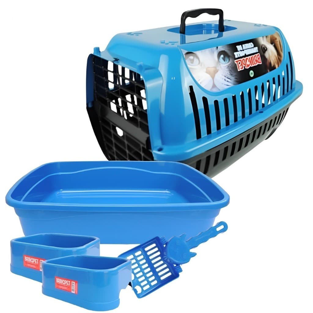 Kit caixa de Transporte N°1 , caixa de areia para gatos, 02 comedouros e 01 pá higiênica azul