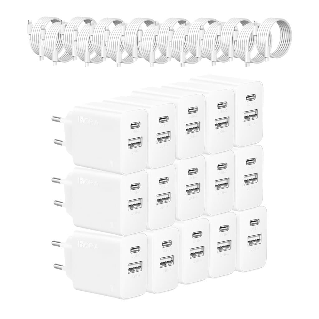 KIT 15X Carregador Usb 1Hora, Pd 20W Porta A/C + Cabo C/Lightning Branco