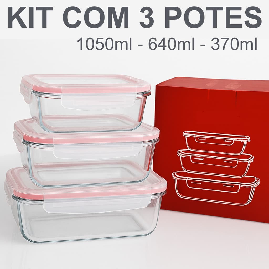 Kit 3 Potes de Vidro Hermetico 3 Tamanhos Retangular Marmita Fit com Trava Microondas Mantimento