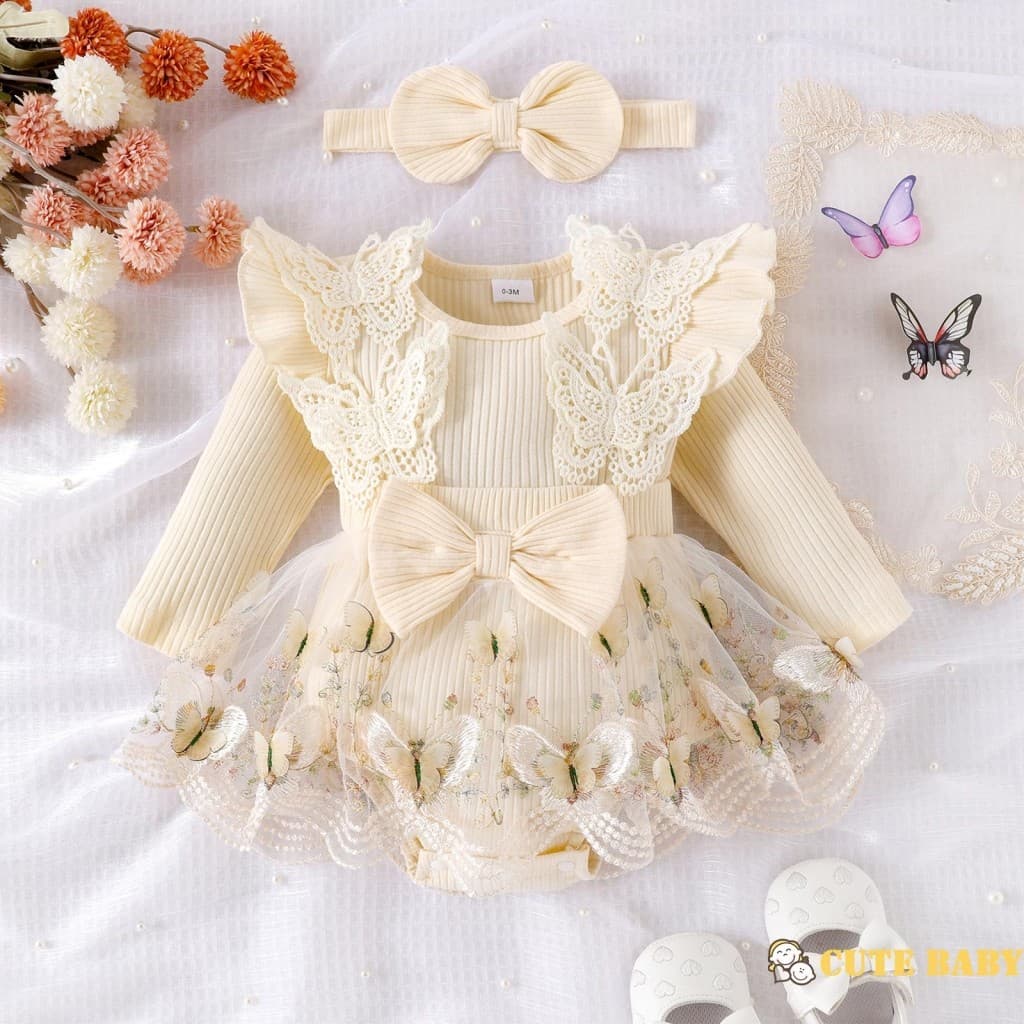 Eph-Vestido macacão Infantil para Meninas, com Bordado de Borboletas mangas Compridas e Faixa de Cabelo,0-18 Meses