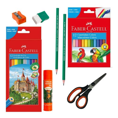 Ecolápis 12 Cores+12 Canetinhas Faber Castell+tesoura+brinde