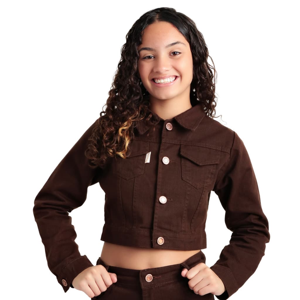 Jaqueta Jeans Infantil Juvenil Menina Curta Cropped Feminina Curta Tecido Chocolate